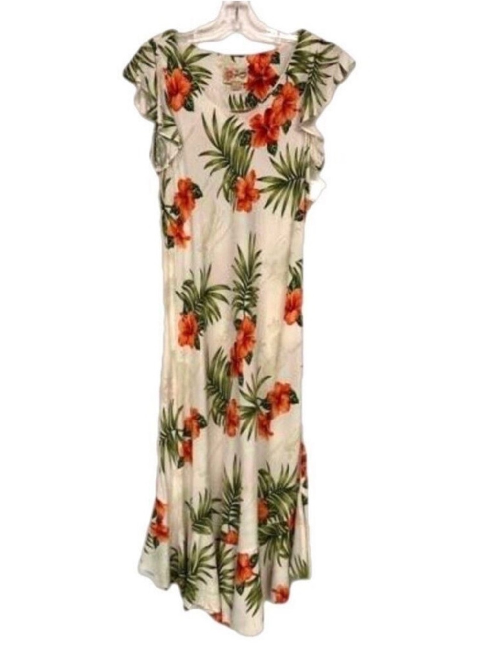 Hilo Hattie hibiscus white orange a-line maxi dress Large ruffle hem Vintage